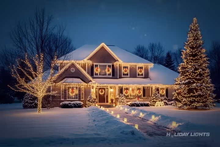 Complete residential Christmas lights installation with full property decoration in Massachusetts