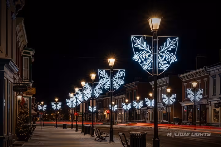 Municipal Christmas lights installation on lamp posts for Massachusetts towns and cities