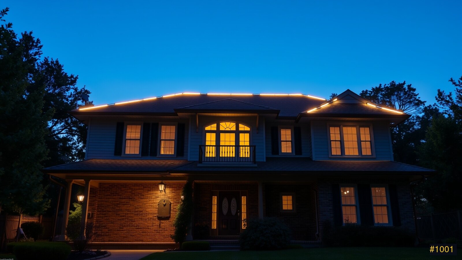 Permanent LED roofline lighting on an upscale home at dusk