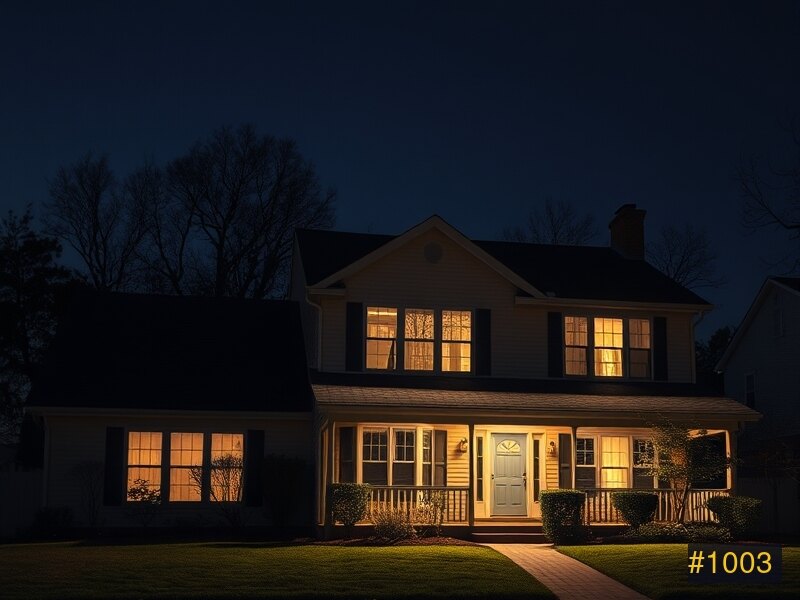 Same home at night with permanent warm-white roofline lights