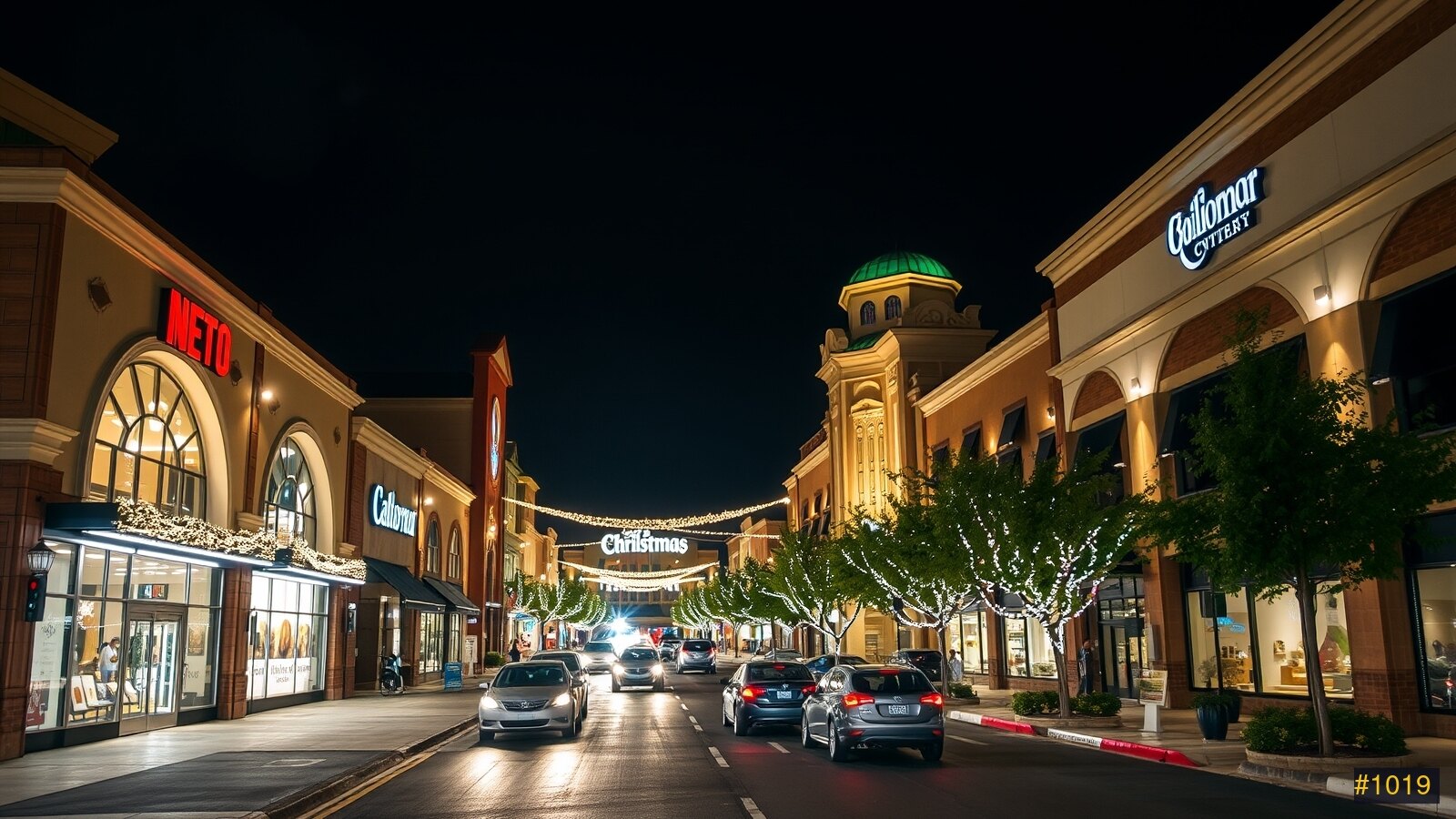 A commercial plaza decorated with Christmas lights at night