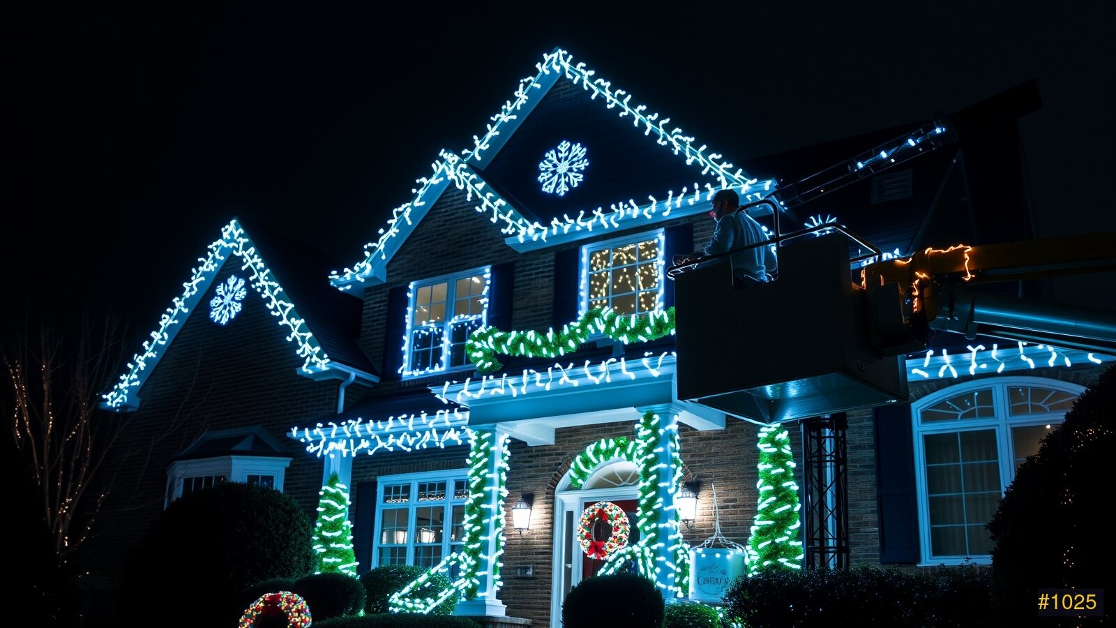 A crew installing Christmas lights from a bucket truck