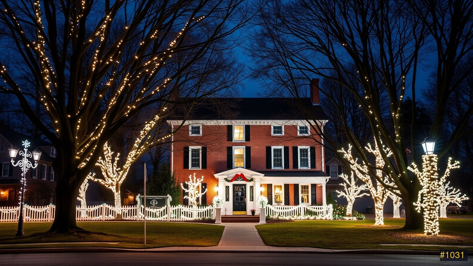 A home and street beautifully lit for Christmas at night